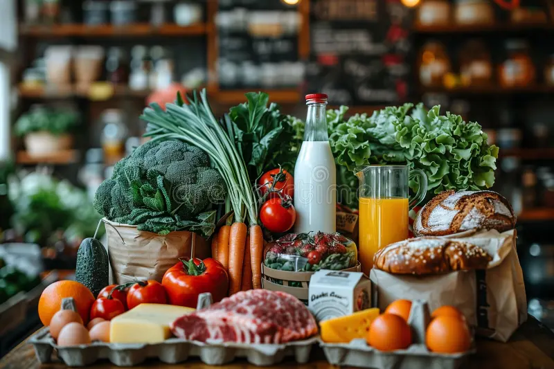 Fresh vegetables and juices on a wooden table